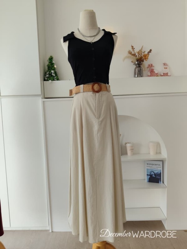 米杏色高腰长裙裤