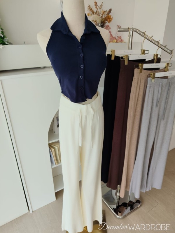 奶油白高腰垂感阔腿裤