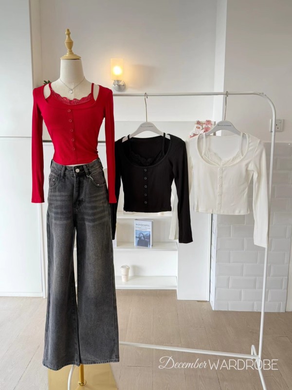 蕾丝边罗纹叠层长袖上衣